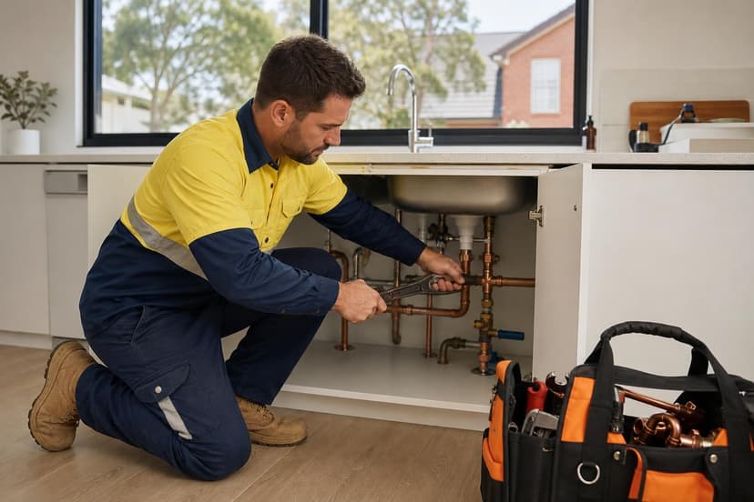 Plumber repairing pipes under sink