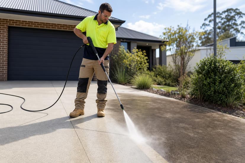 High-pressure power washing a driveway