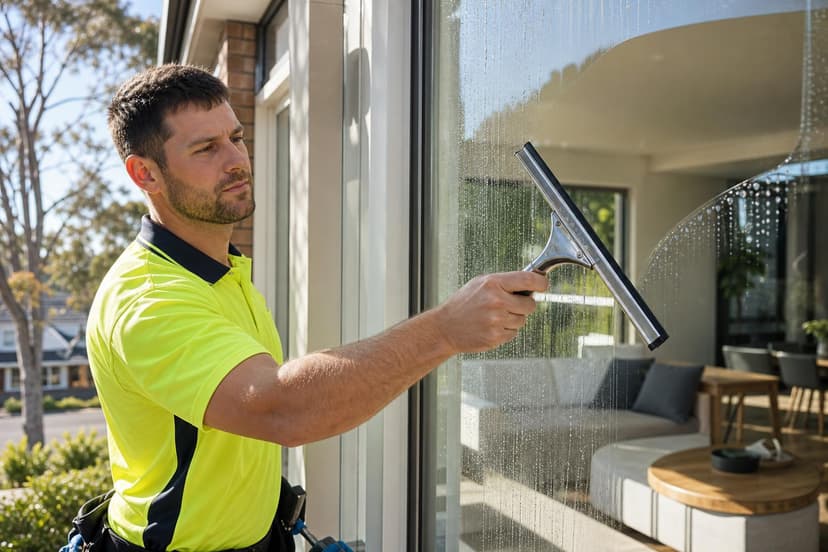Window cleaner working on building exterior